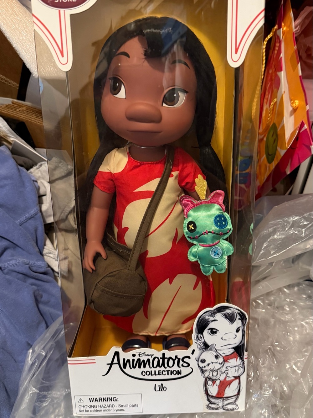 Disney Lilo Doll in Red Dress with Green Plush and Brown Bag